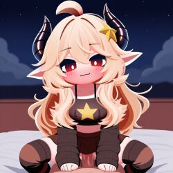ahoge ai_generated anal bangs bare_shoulders blonde_hair blush breasts erection female hair_between_eyes hair_ornament horns long_hair looking_at_viewer penis pointy_ears red_eyes ribbed_sweater roblox simple_background solo_focus star_(symbol) star_hair_ornament straight sunny_(legacy) uncensored white_background
