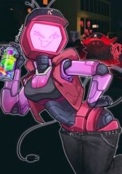 2girls ayame4mari background_character big_breasts black_pants breasts cap cleavage clothed clothing forsaken_(roblox) guest_666_(forsaken) horn jacket open_mouth pants_down pink_body roblox roblox_game robloxian robot robot_girl self_upload smile smug solo_focus sports_bra tail thighs tv_head veeronica