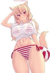 tiffynyaa tiffy nottytiffy catgirl cat_ears tail beach_ball bikini string_bikini shirt tied_shirt see-through_shirt bikini_under_clothes blonde_hair cameltoe breasts large_breasts side-tie_bikini ass_visible_through_thighs