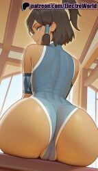 1girls 2025 ai_generated artist_name ass avatar_legends bare_shoulders blue_eyes cameltoe dark-skinned_female dark_skin electroworld female from_behind hair_tubes hi_res high_quality high_resolution highres korra legs_apart legs_spread looking_back open_legs patreon patreon_username sitting smile solo splayed_legs spread_legs stable_diffusion the_legend_of_korra watermark