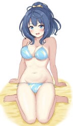1girls aqua_bikini armpits bare_arms bare_shoulders barefoot big_breasts bikini blue_bikini blue_eyes blue_hair breasts busty cleavage collarbone commentary_request female female_only full_body hair_between_eyes large_breasts legs long_hair looking_at_viewer make_heroine_ga_oo_sugiru! navel open_mouth ponytail pose posing side-tie_bikini_bottom sidelocks sitting smile soles solo string_bikini swimsuit thighs toes voluptuous yanami_anna