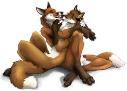 2008 anthro arm_bands balls blackteagan blank_background brown_hair canine canine_penis chest_tuft colored couple cuddle ear_tufts erection feathers fox fur furry furry_ears furry_only furry_tail green_eyes karishad kissing kiwaku_(character) male no_humans nude penis sheath tail tribal white_background yaoi yellow_eyes