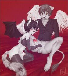 2boys anthro black_hair black_legwear black_shirt bob_cut bottomless canine crossdressing erect feline fox gay grey_hair imminent_oral male penis penis_size_difference short_hair skimpy stockings tail unbuttoned uncut vagabondbastard white_fur wings yaoi