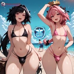 2boys ai_generated astolfo_(fate) astolfo_(fate/apocrypha) balls beach beach_background beach_towel bikini black_hair bra bulge bulge_through_clothing crown day daytime fate fate/apocrypha fate/extra fate/extra_ccc fate/grand_order fate/hollow_ataraxia fate/kaleid_liner_prisma_illya fate/stay_night fate/zero fate_(series) femboy flat_chest hair hair_ornament high_resolution highres ilfb lewd long_hair looking_at_viewer looking_down more_at_source nipple_piercing nipples open_mouth original original_character otoko_no_ko panties pink_eyes ponytail red_eyes sfw standing testicles tongue trap twintails yaoi