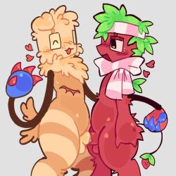 blue_claws blue_skin dandy's_world deadtoons frotting fruit_humanoid furry_only goob_(dandy's_world) green_hair leaf_hair leaf_tail male_only multicolored_body pink_headwear pink_scarf red_body red_claws red_fur roblox roblox_game sheath sheathed_penis sprout_(dandy's_world) strawberry tail tan_body tan_fur zaltylemonzz