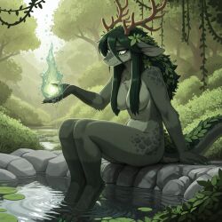 accessory ai_generated anthro antlers female flower flower_in_hair forest fur green_body green_eyes green_fur green_hair green_scales hair hair_accessory hi_res horn hybrid leaf lily_pad magic_user mammal nude outdoor_nudity outside plant reptile rock scales scalie sitting solo spirit tail tree vines water