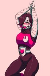 1boy 2d androgynous android annoyed ball_gag biting blush blushing_profusely bondage boots breastplate chestplate curvy drooling embarrassed femboy gag hi_res highres hips male_only malesub mettaton mettaton_ex robot rope rope_bondage slim_waist solo source_request stuck teeth thick_thighs tied_up undertale undertale_(series) wide