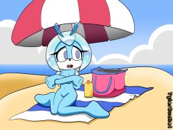 beach beetle blob_feet blue_body blue_eyes blue_skin covering covering_breasts embarrassed featureless_feet idw_comics idw_publishing jewel_the_beetle mobian_(species) naked no_toes nude sega sonic_(series) sonic_the_hedgehog_(comics) sonic_the_hedgehog_(idw) sonic_the_hedgehog_(series) toeless_feet tylerbucket