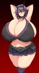 1girls big_breasts big_thighs curvaceous curvy gigantic_breasts huge_breasts huge_thighs kloah miniskirt mutsu_(kantai_collection) partially_clothed purple_hair raised_arms red_eyes soft_breasts tagme wide_hips yandere