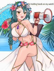 1girls alternate_costume angry bare_legs beach bikini braid braided_ponytail breasts cleavage crossed_legs emi_(kottonart) english_text female female_only fire_emblem fire_emblem_heroes flower green_hair hair_flower hair_ornament head_wreath hibiscus highres large_breasts megaphone nintendo official_alternate_costume outdoors sarong see-through serafineart1001 single_braid solo swimsuit tassel thorr_(fire_emblem) thorr_(summer)_(fire_emblem) white_bikini white_swimsuit yellow_eyes