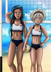 2girls bea_(pokemon) beach clothed clothed_female hand_behind_head nessa_(pokemon) pokemon pokemon_ss swimsuit tanned_female tanned_skin volleyball yrya-chan