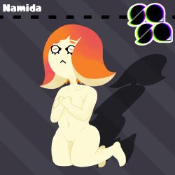 anemonemisc animal_humanoid big_breasts breasts cephalopod cephalopod_humanoid covering covering_breasts female genitals grey_background hair horizontal_pupils humanoid inkling kneeling marine marine_humanoid mollusk mollusk_humanoid namida_(splatoon) navel nintendo nude orange_eyes orange_hair pattern_background pseudo_hair pupils pussy simple_background solo splatoon striped_background tan_body tan_skin tentacle tentacle_hair text thick_thighs video_games wide_hips