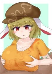 1boy absurdres animal_ears beret blonde_hair breast_grab breasts cum cum_in_clothes cum_on_body cum_on_breasts ejaculation female grabbing green_background green_hair hat highres huge_breasts open_mouth paizuri paizuri_under_clothes rabbit_ears red_eyes ringo_(touhou) riru_neko surprised touhou