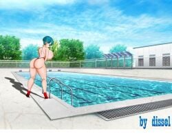 blue_hair bulma_briefs dissel dragon_ball high_heels red_high_heels short_hair sideboob swimming_pool thong topless