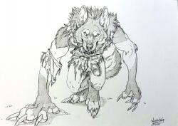 2022 anthro canid canine canis claws clothing fangs genitals humanoid_genitalia humanoid_penis looking_at_viewer male male_only mammal monochrome penis solo torn_clothing were werecanid werecanine werewolf winterbalg wolf