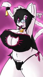 <3_eyes anthro belly big_breasts black_clothing black_hair blush breasts camel_toe claws cleavage clothed clothing collar cowbell eyewear felid feline female fur glasses hair heart hi_res lips long_hair mammal markings may_rikios_(character) navel nipples pink_clothing pink_eyes purple_lips solo succubusbnny thick_thighs white_body white_fur white_tail