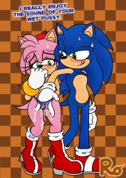 absurd_res amy_rose blush dripping_pussy eulipotyphlan female fingering fingering_partner hand_in_another's_panties hedgehog hi_res leaking_pussy male mammal pussy_juice raianonzika sega sonic_(series) sonic_the_hedgehog sonic_the_hedgehog_(series) sweatdrop trembling wet_panties