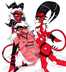 anthro anthro_on_anthro blitzo_(helluva_boss) blush bodily_fluids breasts claws demon dildo dildo_in_pussy dildo_insertion dominant dominant_female duo fangs female female/female female_blitzo female_moxxie female_penetrated female_penetrating female_penetrating_female female_striker futanari genital_fluids genitals group group_sex hair helluva_boss hi_res horn imp looking_pleasured moxxie_(helluva_boss) multicolored_body muscular muscular_female nipples on_bottom on_top open_mouth open_smile orange_body penetration pussy pussy_juice red_body red_eyes rule_63 scar sex sex_toy sex_toy_in_pussy sex_toy_insertion simple_background skeleslay smile striker_(helluva_boss) submissive submissive_female thick_thighs threesome tongue traditional_media_(artwork) two_tone_body vaginal_penetration white_background white_body white_hair