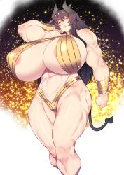 arm_behind_head big_thighs byspoon cassandra_sakyubasu dark_hair demon_girl demon_horns demon_tail gigantic_breasts goddess gold_clothing huge_breasts huge_muscles long_hair massive_breasts muscular_arms muscular_female muscular_thighs red_eyes tagme tall_female