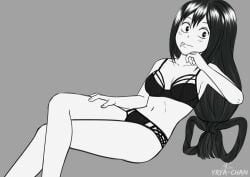 black_and_white bra lingerie lingerie_only my_hero_academia panties pinup_pose reclining tongue_out tsuyu_asui very_long_hair yrya-chan