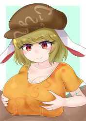 1boy absurdres animal_ears beret blonde_hair breast_grab breasts female grabbing green_background hat highres huge_breasts paizuri paizuri_under_clothes rabbit_ears red_eyes ringo_(touhou) riru_neko shirt short_hair short_sleeves smile touhou white_background yellow_shirt