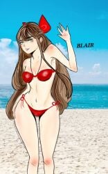 1girls absurd_res artist_request bangs beach bikini bikini_bottom bikini_top blaire_(my_story_animated) brown_hair character_name cloud day fanart female female_focus female_only green_eyes hair hair_ribbon hand_up ibispaintx long_hair my_story_animated navel red_bow sand seaside summer swimsuit tagme_(artist) thick_thighs thighs youtube