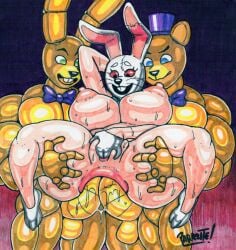 2022 anal anal_sex anthro areola balls big_breasts blue_eyes bodily_fluids bow_tie breasts buckteeth clothing costume double_anal double_penetration drawn drooling female female_penetrated five_nights_at_freddy's five_nights_at_freddy's:_security_breach fredbear fredbear_(fnaf) fur genitals glistening glistening_body glistening_breasts glistening_skin gloves group group_sex handwear hi_res huge_breasts human humanoid lagomorph leporid long_ears looking_pleasured machine male male/female mammal masturbating_while_penetrated muscular muscular_male nipples open_mouth parasitedeath penetration penis purple_eyes pussy rabbit red_sclera saliva scottgames sex spring_bonnie spring_bonnie_(fnaf) sweat sweaty_breasts sweaty_genitalia sweaty_legs sweaty_thighs teeth threesome traditional_media_(artwork) trio two_doms_one_sub ursid vanny vanny_(fnaf) video_games whiskers