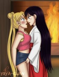 2girls bishoujo_senshi_sailor_moon blush bra clothing female female_only foreplay hand_on_thigh hand_under_skirt imminent_fingering imminent_kiss rei_hino skirt small_breasts tank_top usagi_tsukino yrya-chan yukata yuri