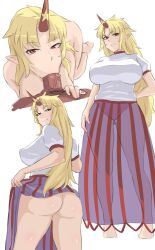 1boy 1girls blonde_hair blowjob bunsuirei clothed_female dark-skinned_male dark_skin fellatio female horn hoshiguma_yuugi huge_ass huge_breasts light-skinned_female light_skin oni oni_horn see_through single_horn thick_thighs touhou wide_hips