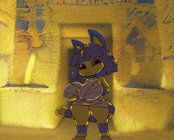 1girls animal_crossing ankha anthro bandages big_breasts blue_hair breast breasts felid feline feline_humanoid felis female female_only fur furry furry_only gauze huge_breasts kokido large_breasts nintendo nipple_bulge pink_eyes shortstack solo standing tail temple thick_thighs thighs yellow_fur