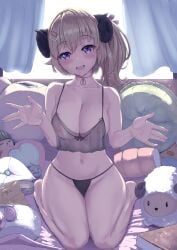 alternate_hairstyle black_panties blonde_hair blush breasts camisole ceilinginmyroom cleavage collarbone curled_horns curtains cushion fan_mascot_(vtuber) female full_body hair_ornament hairclip hands_up highres holoforce hololive hololive_japan horns indoors large_breasts medium_hair navel nipples open_hands open_mouth panties pillow purple_eyes see-through sheep_girl sheep_horns side_ponytail sitting solo ssrb stomach stuffed_toy thighs tsunomaki_watame underwear virtual_youtuber watamate window