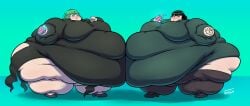 2girls big_belly female fubuki_(one-punch_man) green_eyes green_hair hyper_fat hyper_overweight multiple_girls obese obese_female one-punch_man overweight ssbbw tatsumaki vhite9 weight_gain