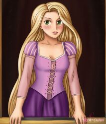 blonde_hair corset disney dress looking_out_window rapunzel tangled very_long_hair yrya-chan