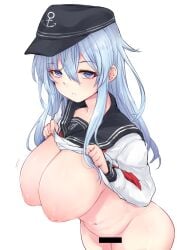 1girls alternate_breast_size anchor_symbol blue_eyes blue_hair bottomless breasts female hat hibiki_(kantai_collection) highres huge_breasts kantai_collection krjenl large_areolae looking_at_viewer navel neck_ribbon ribbon sailor_collar sailor_hat school_uniform serafuku solo verniy_(kantai_collection) white_background