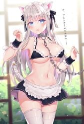 1girls apron bikini blue_eyes bow_in_hair breasts cat_ears cat_tail catgirl chain_leash collar large_breasts leash long_hair maid maid_apron maid_bikini maid_headdress maid_uniform metal_collar naomi_(fantasia) navel paw_pose slave swimsuit thighhighs white_hair