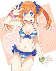 1girls bikini bikini_skirt blue_bikini blue_eyes blue_swimsuit bow_in_hair bracelet breasts caro-xy goddess looking_at_viewer medium_breasts navel neptunia_(series) orange_hair orange_heart power_symbol power_symbol-shaped_pupils swimsuit twintails uzume_tennouboshi