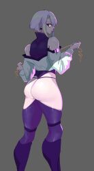 1girls ass back_view byme cd_projekt_red cybernetics cyberpunk:_edgerunners cyberpunk_2077 cyborg eye_contact female female_only looking_at_viewer looking_back lucyna_kushinada netflix silver_hair solo solo_female standing studio_trigger thick_thighs