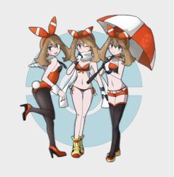 1girls belt bikini blue_eyes boots bow_hairband breasts brown_hair bunny_ears bunny_tail choker detached_collar fake_animal_ears fake_tail fishnet_pantyhose high_heels holding_tray holding_umbrella kuroi_paseri leotard may_(pokemon) may_(pokemon_oras) multicolored_bikini multicolored_swimsuit navel nintendo playboy_bunny pokemon pokemon_oras race_queen red_high_heels scarf short_hair short_shorts side-tie_bikini small_breasts swimsuit thighhigh_boots tray umbrella watson_cross