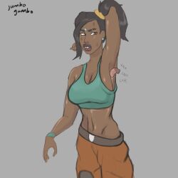 2d apex_legends armpit_licking armpits big_breasts big_lips big_nose dark-skinned_female eyebrow_slits indian indian_female jumbogumbo licking rampart_(apex_legends) smooth_skin sweat thick_eyebrows thick_lips tongue tooth_gap