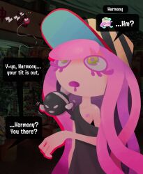 anthozoan anthro baseball_cap bored clothing clownfish cnidarian comedy dialogue distracted empty_eyes female fish flat_chested funny hair harmony_(splatoon) hat headgear headwear hi_res loose_shirt marine nintendo nipple_slip pink_hair pomacentrid ponporio_(artist) sea_anemone solo speech_bubble splatoon splatoon_3 text video_games