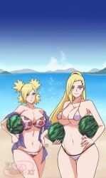 2girls bare_shoulders beach big_breasts bikini blonde_female blonde_hair blue_eyes blush blush_lines boruto:_naruto_next_generations breasts busty cleavage feet_out_of_frame female female_only floral_print food fruit hair_over_one_eye holding_food holding_object hourglass_figure indrockz indy_riquez ino_yamanaka legs_together long_hair looking_at_viewer mature mature_female midriff milf multiple_girls naruto naruto_(series) off_shoulder open_shirt outdoors ponytail quad_tails revealing_swimsuit shirt skimpy skimpy_bikini slim_waist small_bikini smile swimsuit temari third-party_edit tied_hair very_long_hair voluptuous watermelon wide_hips