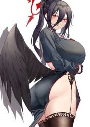 1girls ass big_ass big_breasts black_feathers black_hair blue_archive blush breasts clothed_female clothing dark_hair feathered_wings feathers female female_only halo hasumi_(blue_archive) huge_ass huge_breasts large_ass large_breasts light-skinned_female light_skin looking_at_viewer red_eyes school_uniform short_skirt skirt solo tagme thick_thighs white_background wings yamasonson