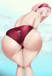 1girls ass back_view bare_back bare_legs bare_shoulders bent_knees big_ass blush boruto:_naruto_next_generations bottom_heavy danieledevane dat_ass facial_mark fat_ass female female_only forehead_mark from_behind green_eyes huge_ass legs_together looking_at_viewer looking_back looking_over_shoulder naruto naruto:_the_last naruto_(series) no_bra pink_hair presenting presenting_ass presenting_hindquarters rear_view red_panties sakura_haruno solo solo_focus topless uchiha_symbol underwear