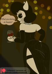 alice_angel angel ass_in_dress beanontoast bendy_and_the_ink_machine black_hair dress eyeshadow fancy female horns party sparkles sparkly_dress sparkly_lipstick speech speech_bubble thick_ass thick_thighs thigh_cut_dress thigh_strap wine wine_glass