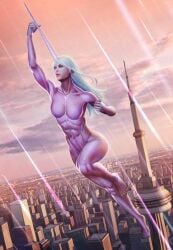 1girls ass bodysuit breasts city female female_only flying forcefield horn knee_up long_hair moonarc muscular muscular_female narwhal_(parahumans) no_nipples outdoors parahumans skin_tight_suit superheroine white_hair worm_(web_series)