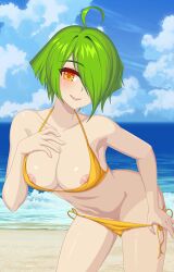 1girls accurate_art_style bikini bikini_pull breasts conversation crush_crush eva_(crush_crush) game_cg golden_eyes green_hair looking_at_viewer nipples pussy sad_panda_studios shaved_pussy solo solo_female solo_focus vagina water