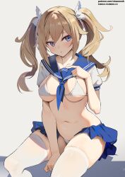 1girls 2022 barbara_(genshin_impact) blonde_hair blue_eyes blush breasts embarrassed female genshin_impact light-skinned_female light_skin medium_breasts micro_bikini sailor_collar school_uniform short_skirt simao_(x_x36131422) skirt twintails