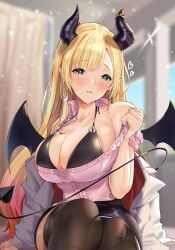 absurdres bare_shoulders bat_tattoo bikini blonde_hair blurry blurry_background blush breasts chest_tattoo cleavage dainana_sugune demon_girl demon_horns demon_tail demon_wings female green_eyes heart highres hololive hololive_gen_2 hololive_japan horns large_breasts long_hair looking_at_viewer off_shoulder parted_lips school solo strap_gap succubus swimsuit tail tattoo thighhighs virtual_youtuber wings yuzuki_choco