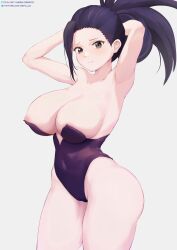 1girls ? armpit armpit_fetish armpits big_ass big_breasts blush breasts bunny_girl bunny_pose bunnysuit embarrassed female female_only hi_res huge_breasts looking_at_viewer momo_yaoyorozu my_hero_academia nsfw_oa simple_background thick_thighs