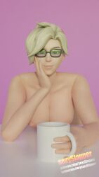 1girls 3d breasts glasses holding holding_mug holding_object mercy overwatch resting_head sexyslapper smirk smirking smirking_at_viewer